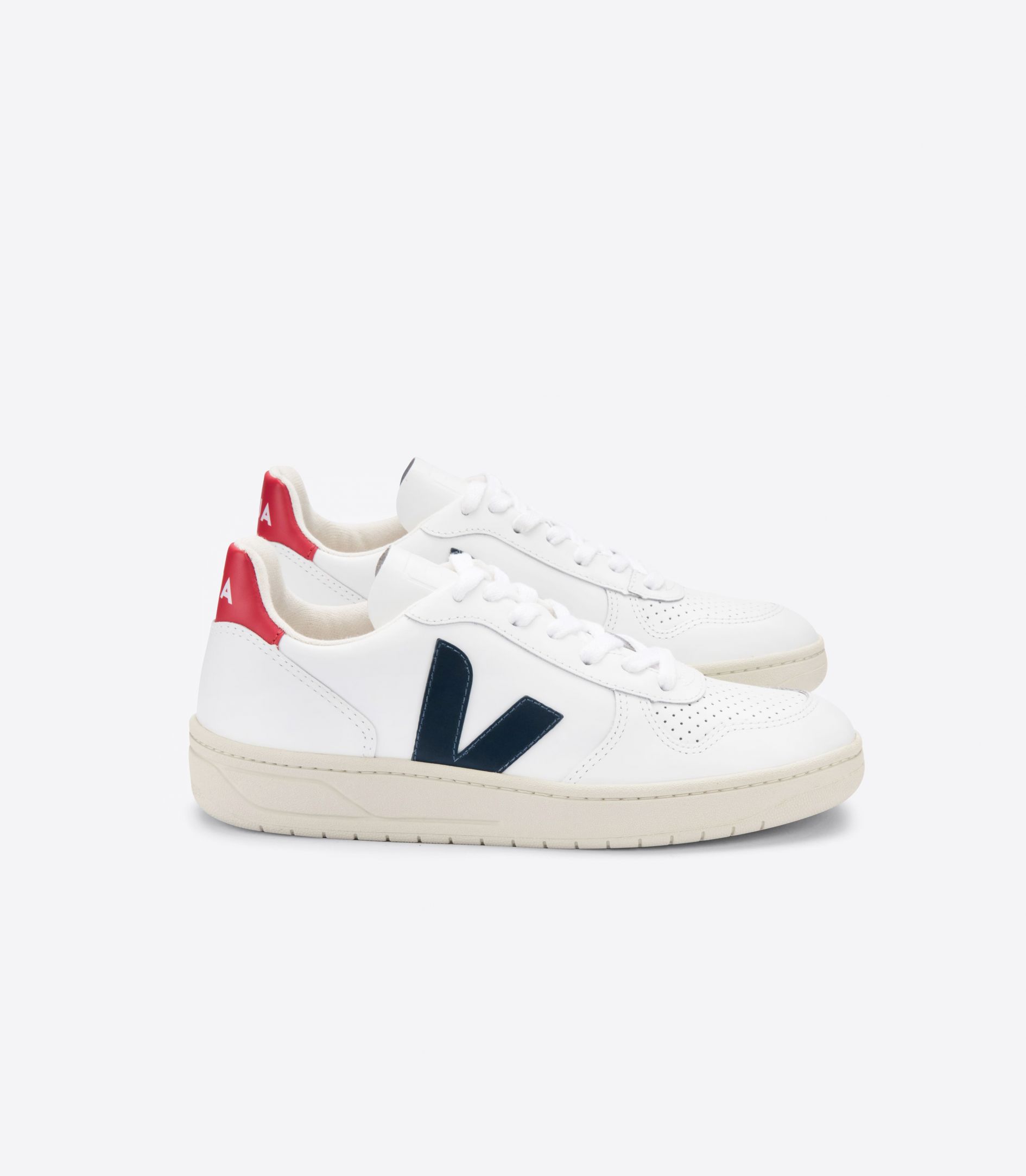 Sapatilhas Veja V-10 Leather Feminino Branco Azul Marinho Vermelhas | OR4936572