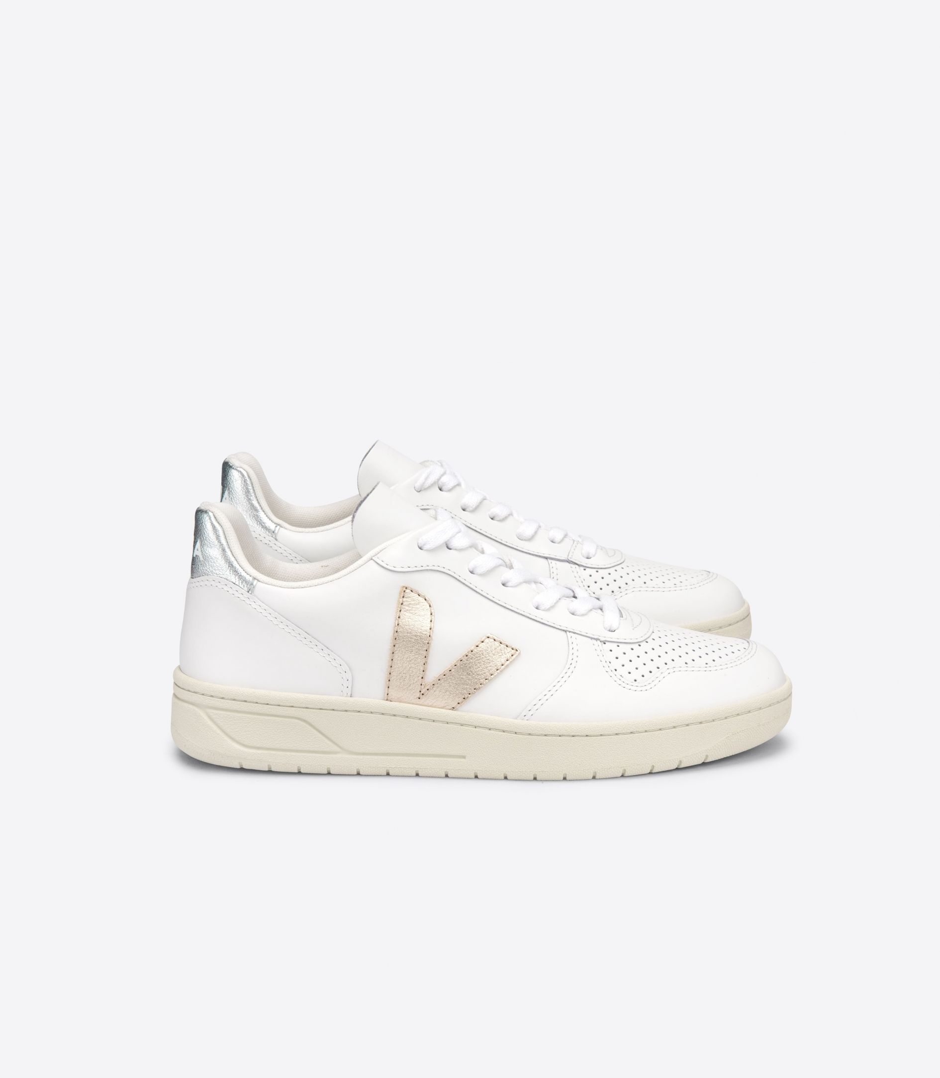 Sapatilhas Veja V-10 Leather Feminino Branco Douradas Prateadas | QZ0827934