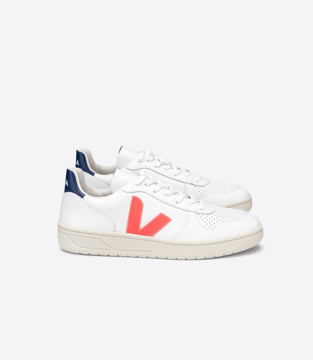 Sapatilhas Veja V-10 Leather Masculino Branco Laranja Azuis | AG0968421