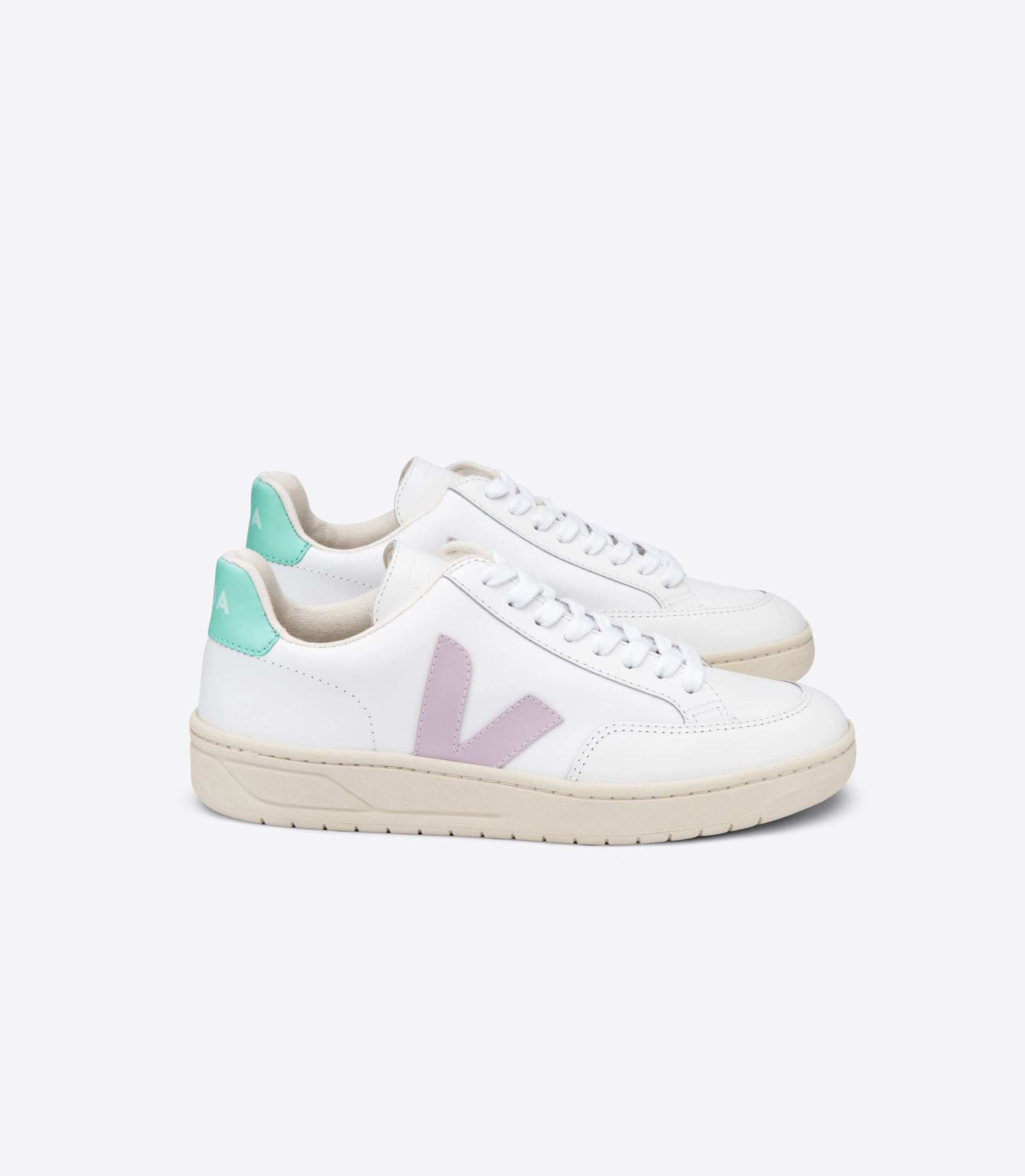 Sapatilhas Veja V-12 Leather Masculino Branco Rosa Turquesa | MU4836195