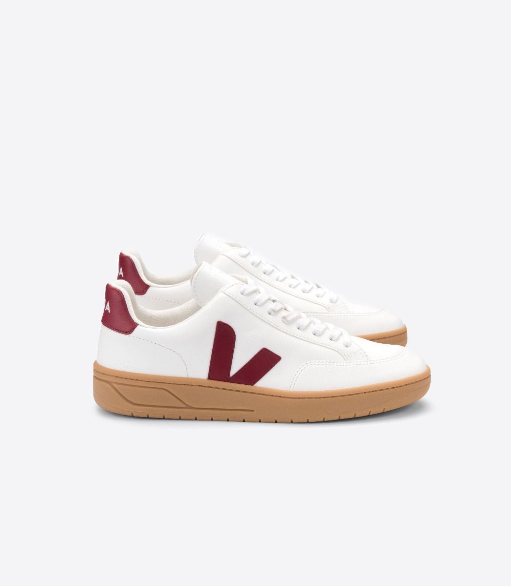 Sapatilhas Veja V-12 Leather Feminino Branco Vermelhas | CX8961753